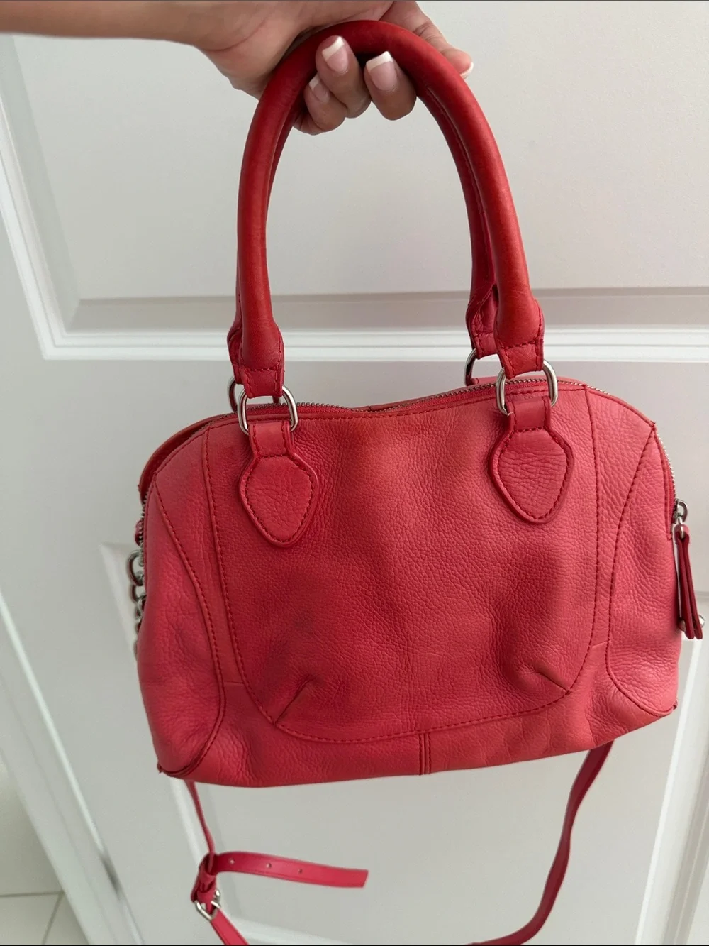Audrey Brooke Red Leather Satchel with Chain Shoulder Detail